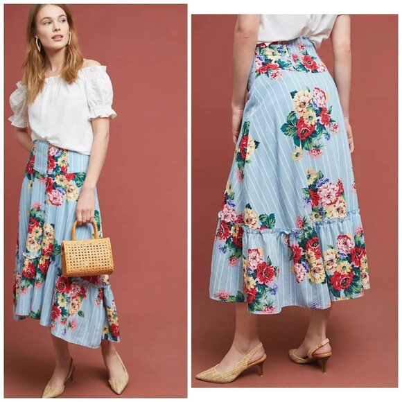 Anthropologie Maeve Linen Blend Stripe Floral Claudette Midi Skirt Size Size 14 - Picture 1 of 13